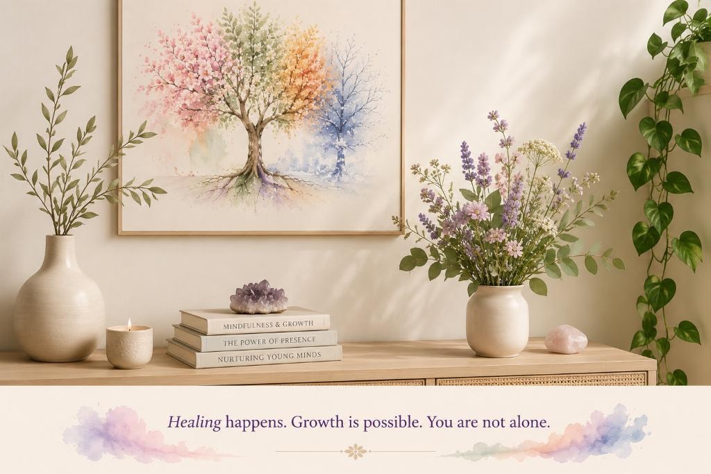 A warm, welcoming therapy office with botanical decor and the four-seasons tree painting